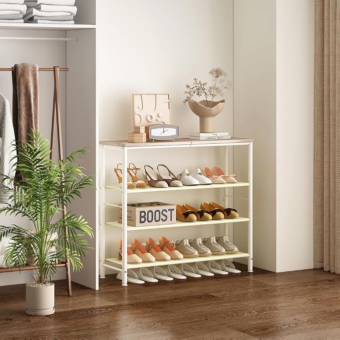 INGIORDAR 4 Tier Shoe Rack Storage Organizer Shelf Top with MDF Board | Space-Saving,with 3 Layer Fabric,stores 16+Pairs of Shoes for Closet,Entryway,Bedroom,Living Room Garage,White
