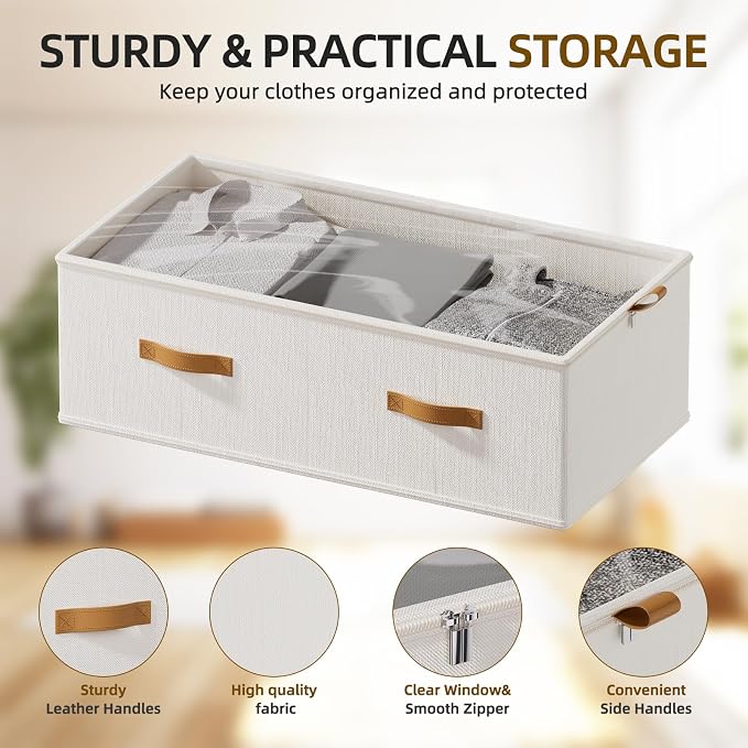 10inch 3 Pack Under Bed Storage Containers, 10 Inch Tall Underbed Clothes Storage Organizer Bin with Clear Window，Foldable Box Basket for Clothes, Closet, Bed Sheets and Blankets White