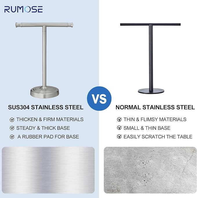 RUMOSE Brushed Nickel Hand Towel Holder Stand Countertop Towel Rack | 13 Inch Bathroom Kitchen Vanity T-Shape Towel Stand Free Standing Stainless Steel Towel Bar Towel Ring