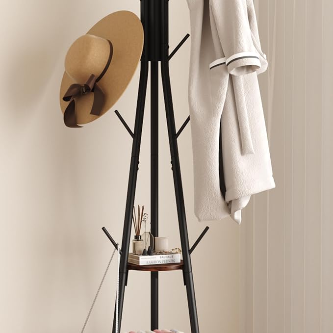 HOMEFORT Coat Rack, Coat Hanger Stand with 2 Shelves, Freestanding Hall Tree, Metal Hat Hanger with 12 Hooks for Clothes Hats and Scarves, Black and Rustic Brown,15.7" Wx15.7 Dx72.8H