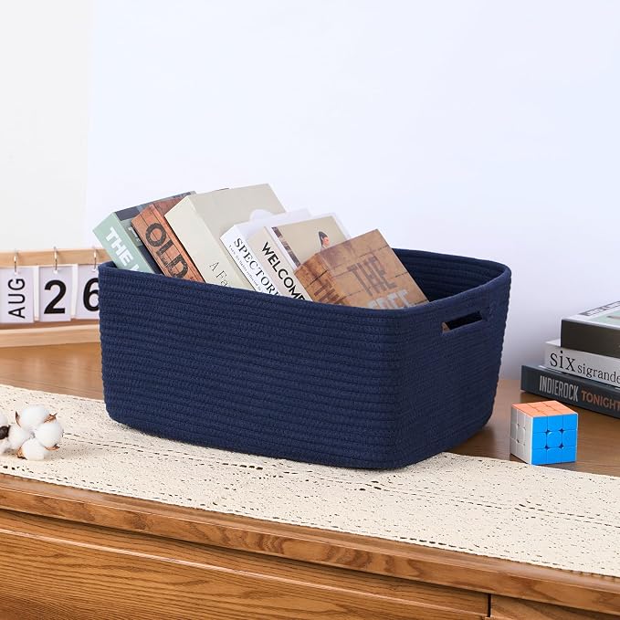 MiniArk Large Storage Baskets for Organizing, 17 x 13 x 7.5” Closet Shelf Baskets for Clothes Blanket Towels, Baby Nursery, Toy Bins Box, Woven Rope Baskets, 4 Packs Navy Blue