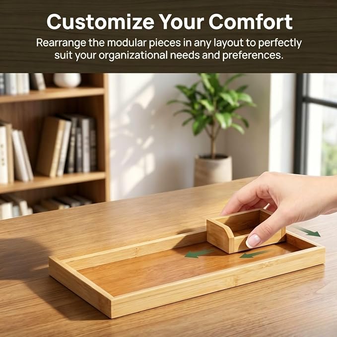 Cididu Bamboo Vanity Tray, 7 Pieces Adjustable Pen Holder Stationery Caddy, Bathroom Vanity Organizer Set, Sturdy Countertop Desk Tray Storage Boxes Office Supplies for Makeup Small Items Home Kitchen