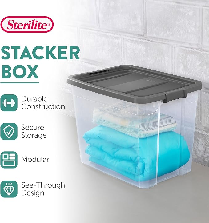Sterilite 8-Pack Modular Stacker Box, Durable Clear Plastic Storage Bins with Latching Lids, 108 Quart - Stackable Organizing Container Boxes for Closet, Bathroom, and Office