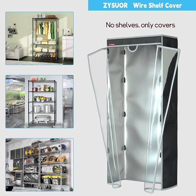 Waterproof Shelf Cover, Fits 30"x14"x54" Storage Shelve | Storage Shelving Dust Cover, Clear PVC Front & T-Zipper, for Rack in Garment, Pantry, Kitchen (No Shelves)