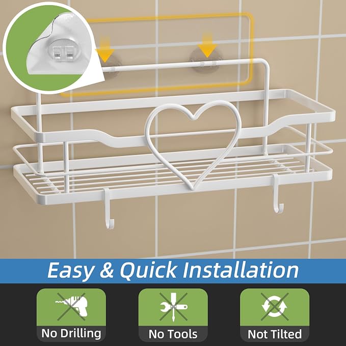 White Heart Shower Caddy,No Drilling Adhesive Shelves,2 Pack | Shower Shelf with 4 Removable Hooks,Holds 40 lbs,Rustproof Metal,For bathroom,kitchen,dorm,Cute Shower Organizer