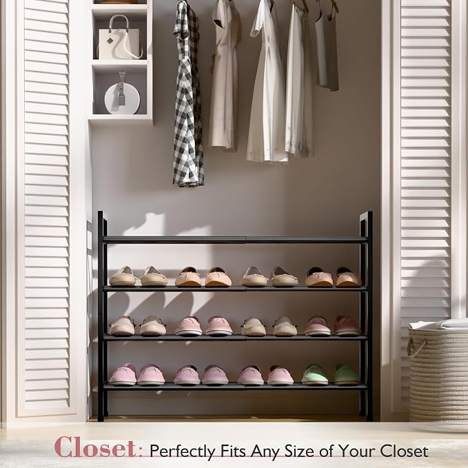 Bumusty 4 Tier Expandable Shoe Rack for Closet, Light Grey | 18"-33" Adjustable Shoe Rack for Entryway, Small Shoe Organizer for Dorm, Front Door, Sturdy Metal