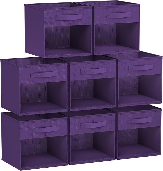 DIMJ Storage Cubes, Cube Storage Bin, 8 Pack Foldable Baskets with Window, Closet Storage Bins with Handle, 11x 11 inch Storage Cubes for Clothes, Toys, Books (Purple)