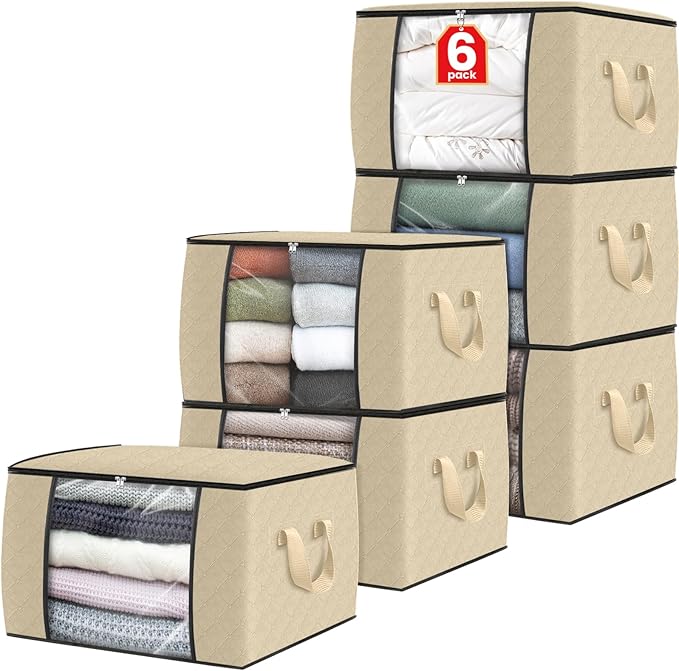 Fab totes 6 Pack Clothes Storage, Foldable Thick Fabric Blanket Storage Bags, Containers for Organizing Bedroom, Closet, Clothing, Comforter, Organization with Handle,Beige