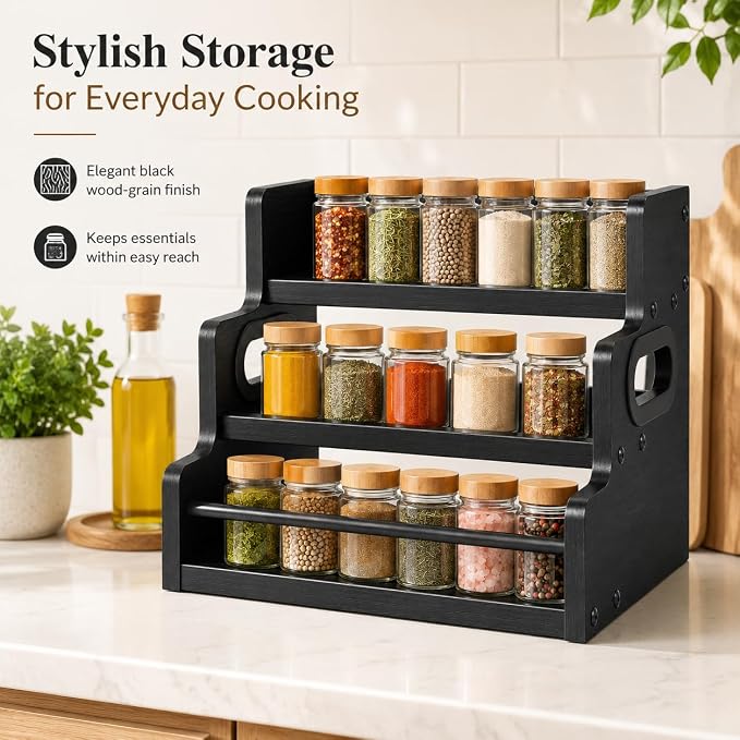 3 Tier Spice Rack Organizer for Cabinet, Wood Spice Shelf Storage, Kitchen Seasoning Organizer for Kitchen Countertop or Pantry, Spice Bottles, Bottles, Black