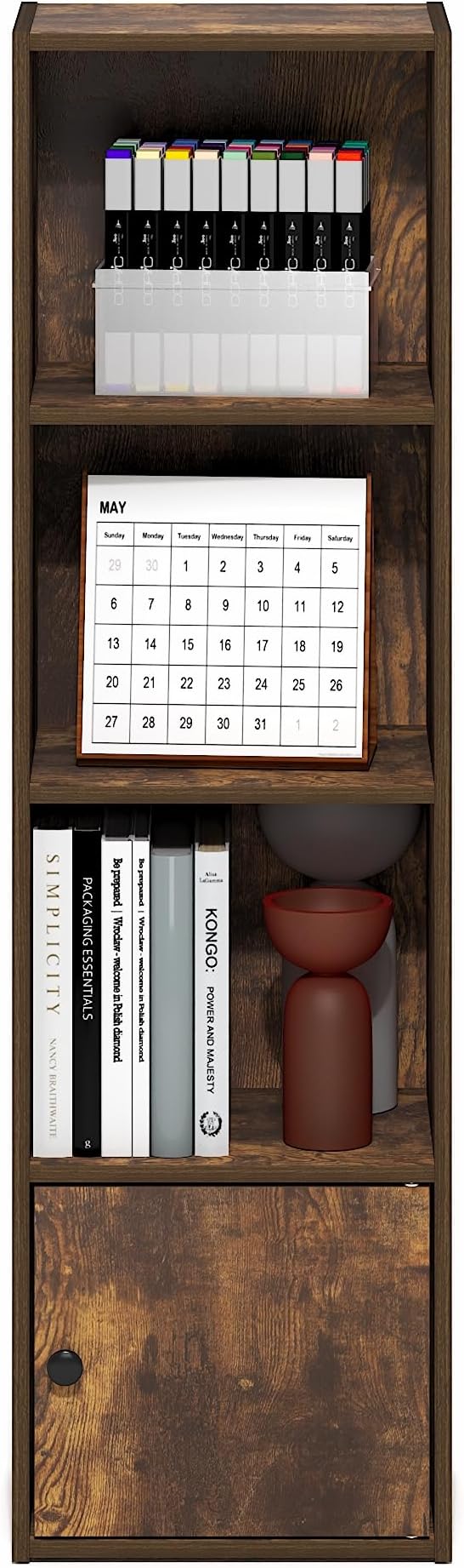 Furinno LUDER Book Shelf, 4-Tier Bookshelf with Open Shelf, Standing Bookcase with 1 Door Cabinet, 9.3 x 12 x 41.8, for Organization and Storage, for Living Room, Bedroom, Home Office, Amber Pine