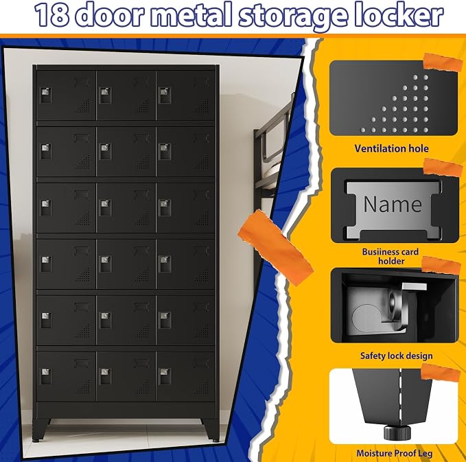PAOFIN Metal Storage Lockers for Employees with Lock,Metal Storage Locker with 18 Doors for School Garage Office Gym Bedroom,Assembly Required,18 Door Black