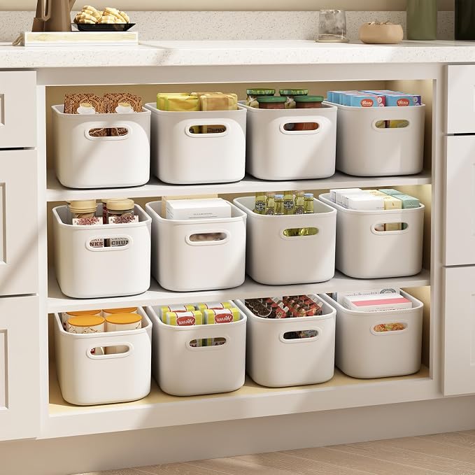 8 Pack White Storage Bins with Lids for Shelves, White Storage Containers with Lids for Organizing, Storage Box with Handle, Stackable White Plastic Bin for Classroom, Craft, Snacks