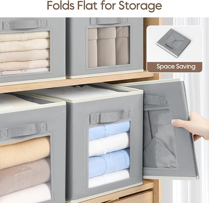 Bins for Closet Organization - Cubby Storage Organizer with Window, Closet Baskets for Shelves, Folding Cubes for Storage, Storage Bins for Home, 11inch, Set of 8, Grey