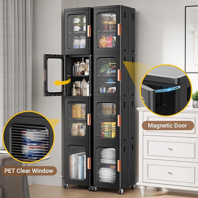 BROVIEW 3-Tier Tall Narrow Storage Cabinet Organizer, Slim Bathroom Cabinets with Adjustable Shelves and Doors, Plastic Kitchen Pantry Organizers and Storages for Small Space, Laundry, Black