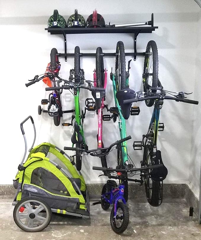 StoreYourBoard Bike Storage Rack with Shelf – Heavy Duty Garage Bike Storage Rack for 5 Bicycles, Adjustable Vertical Bike Rack, Bike Rack Shelf for Helmets & Gear, Holds 300 lbs