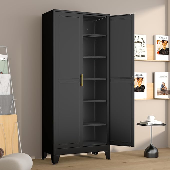 Metal Pantry Cabinet with 2 Doors and 5 Adjustable Shelves, 75"Kitchen Storage cabinets with Gold Handles, Versatile Storage for Laundry Room, Living Room, Bathroom, Dinning Room, Utility Room-Black