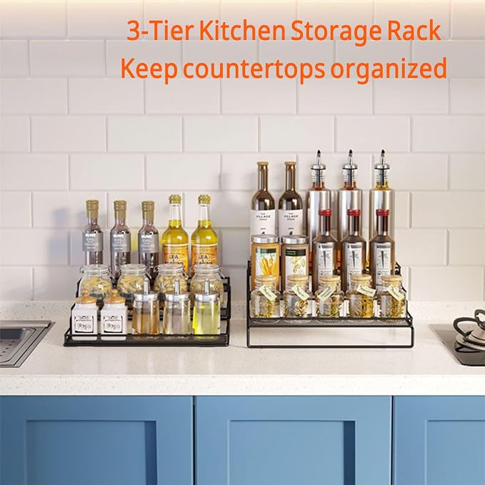 3-Tier Expandable Spice Rack, Adjustable Length 12.5 to 24.5 Inches, Space Saving Kitchen Storage Organizer & Shelf for Cabinet, Countertop, Cupboard