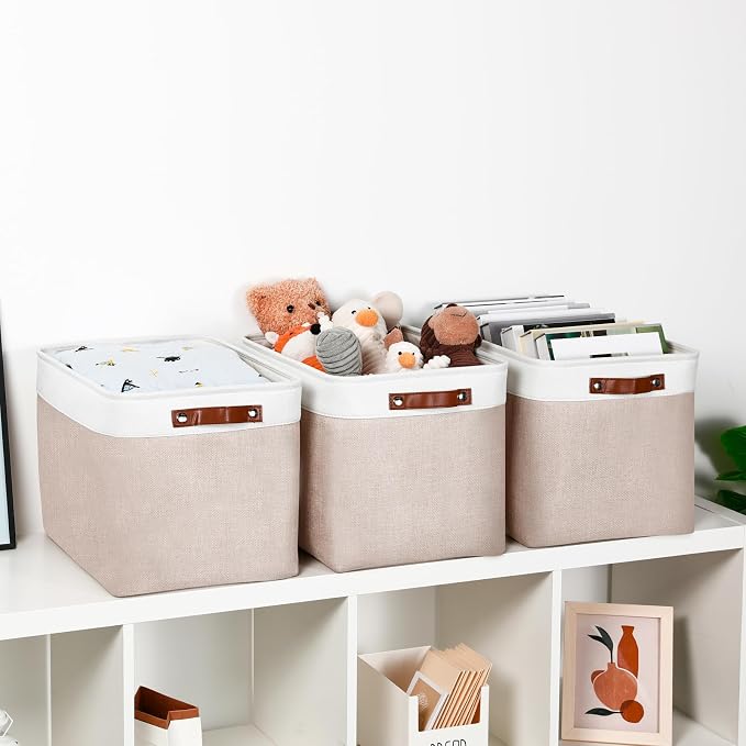 DULLEMELO Fabric Storage Bins, Lining Fabric Baskets For Gifts, Large Storage Baskets for Books Clothes Storage, Foldable Storage Basket for Office Home Shelves Closets Organizing(White&Khaki)