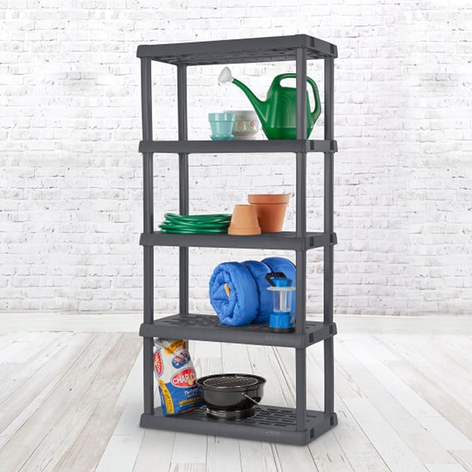 Sterilite 5 Shelf Unit, Heavy-Duty Plastic Utility Storage Rack, 4-Pack | Freestanding Shelving Organizer with 150 lb Capacity Per Shelf for Kitchen, Bathroom, Garage, Basement, Pantry & Laundry Room