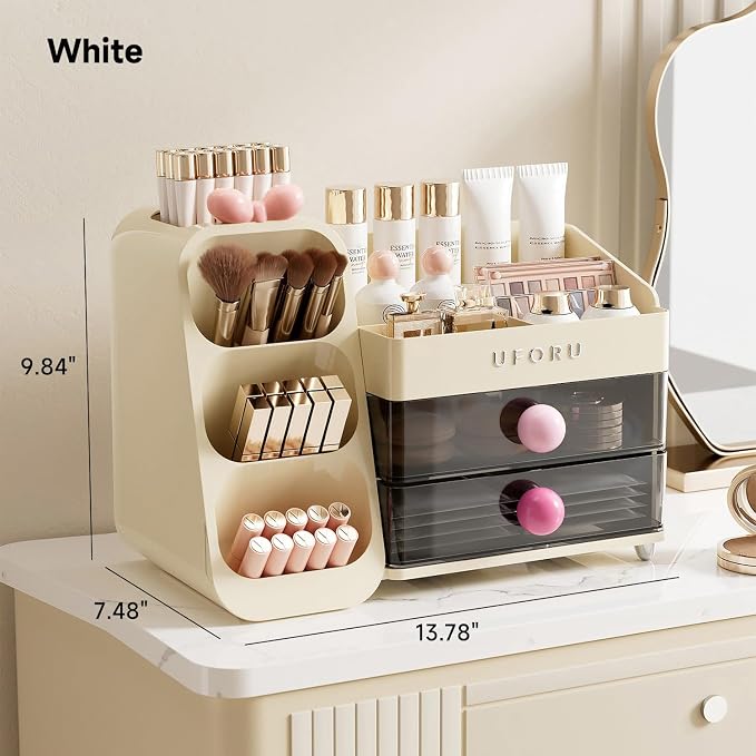UFORU Makeup Organizer Countertop with Brush Holder for Vanity Bathroom | Large Capacity, Thickened Plastic, 2 Clear Drawers, Compact Size, Detachable Brush Holder, Divided Compartments, Easy Access