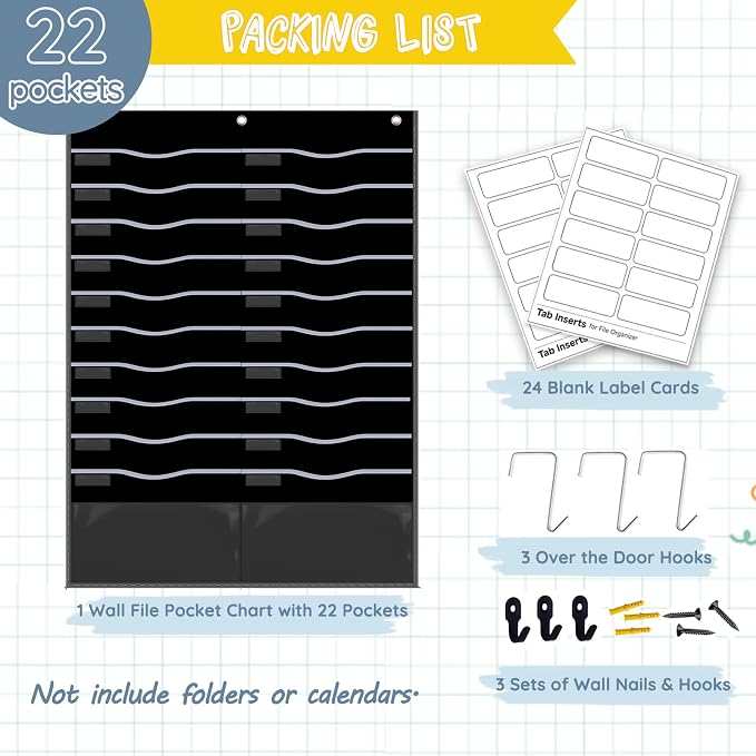 22 Pockets Hanging Wall File Organizer for Legal/ Letter Size Paper, Over the Door Organizer, 31¾" x 45½" Pocket Chart for Classroom, Office, Warehouse, Home Use with 24 Name Tags & 6 Hooks