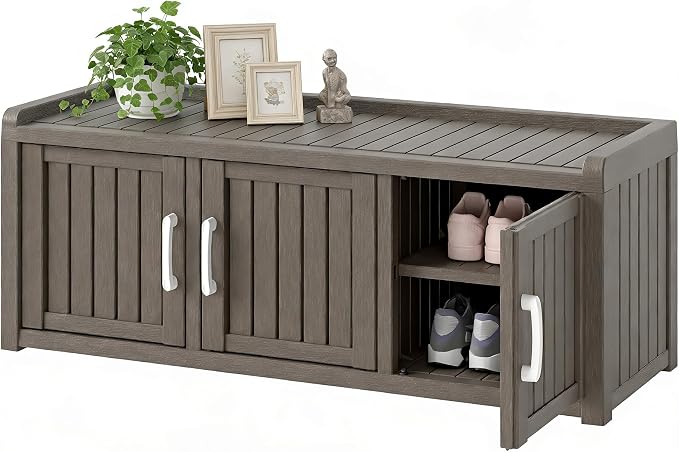 2-Tier Storage Bench, Waterproof UV-Resistant Outdoor Shoe Storage Cabinet with 3 Doors & Adjustable Shelves for Indoor Outdoor Entryway, Hallway, Living Room (Classic Gray)
