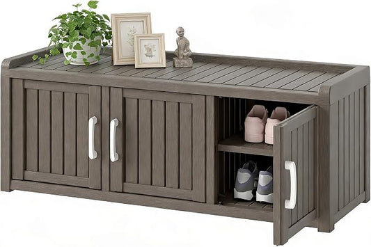 2-Tier Storage Bench, Waterproof UV-Resistant Outdoor Shoe Storage Cabinet with 3 Doors & Adjustable Shelves for Indoor Outdoor Entryway, Hallway, Living Room (Classic Gray)