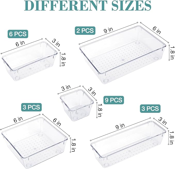 StorMiracle 23 PCS Drawer Organizer Set, 5 Varied Size Bathroom and kitchen Drawer cabinet organizer Trays, Clear Storage Bins for Makeup, Jewelry, Utensils and Gadgets