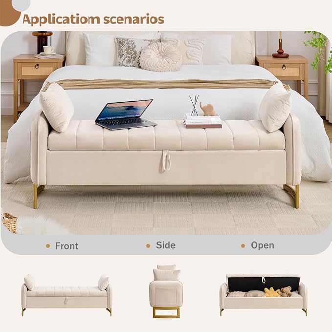66" Storage Bench for Bedroom End of Bed, King Size Bed Bench with Golden Legs,Storage Ottoman Bench with Arms and 2 Pillows for Foot of Bed Living Room Window Entryway, Beige