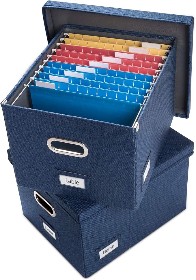 File Organizer Box - Set of 2 Collapsible Decorative Linen Filing Storage Hanging File Folders with Lids Office Cabinet Letter/Legal Size Navy Blue (17x14x11.2 inch)