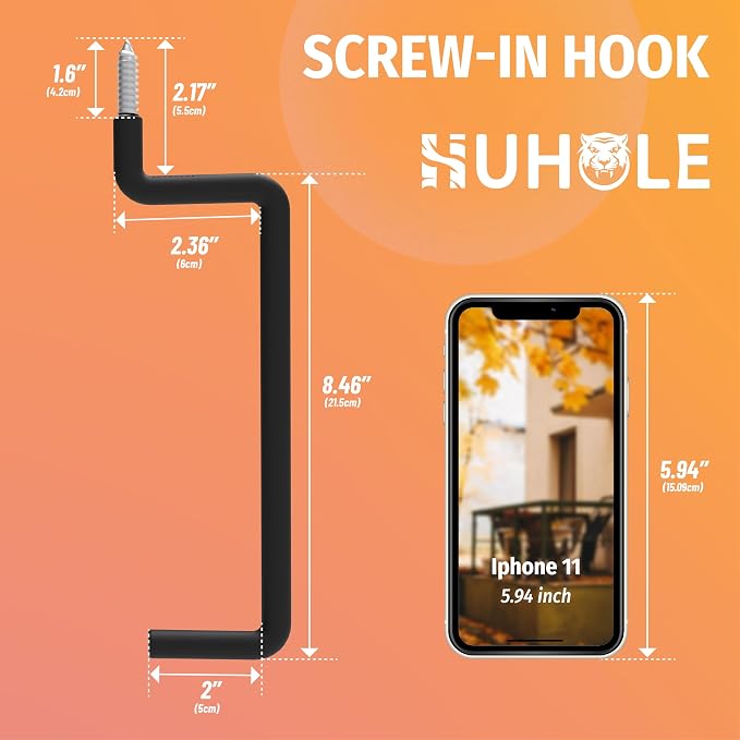 HUHOLE 4 Pack 8.46 Inch Screw in Ladder Hooks for Garage Wall | Utility Hangers with 65 lb Capacity for Ladders, Chairs, Bikes, Hoses, Wheelbarrows and Wall Mount Storage