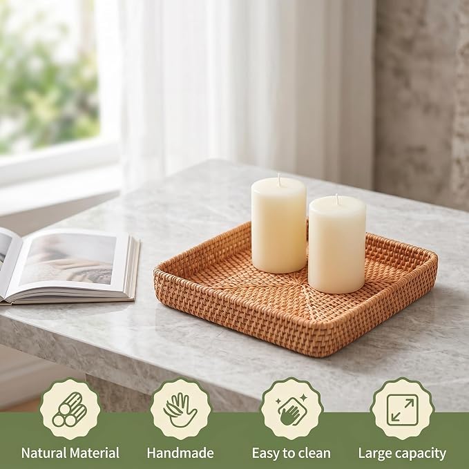 8" Square Rattan Basket Handwoven Wicker Serving Tray | Handwoven Natural Wicker Basket Tray for Entryway Coffee Table Keys Jewelry Remote Vanity Wedding Christmas Housewarming Gift