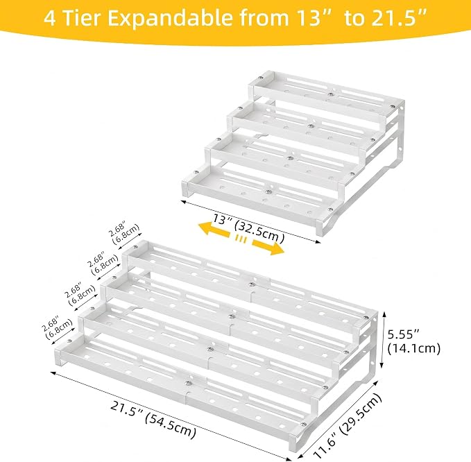 Spice Rack Organizer for Cabinet, 13-21.5" Expandable Spicy Shelf | 11.6" Wide 4-Tier White Metal Seasoning Organizer, Kitchen Spice Organization, Slip-Resistant Guardrails for Jars and Cans