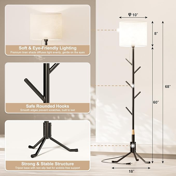 Freestanding Coat Rack Stand with LED Light, Metal Standing Floor Lamp, Hall Tree Clothing Hat Purse Bag Scarves Hanger with 5 Hooks for Bedroom, Hallway, Entrance, Entryway Office Organizer Furniture