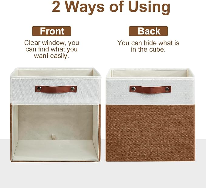 Storage Cubes, 4 Pack Linen Foldable Storage Bins with Clear Window and 2 Handles, 13x15x13 Storage Cube Bins for Shelf Closet, Kallax, Clothes, Books - (Brown / Off-White)