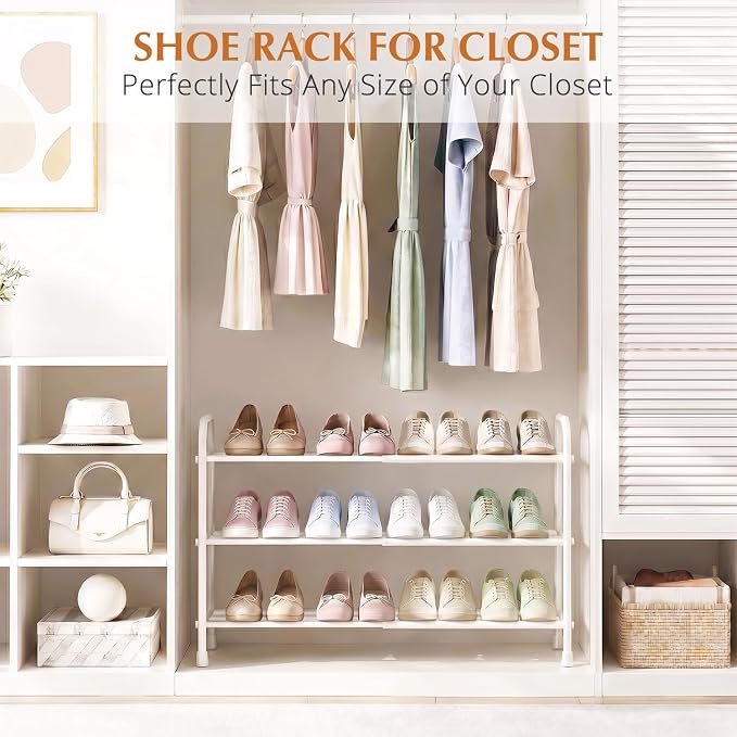 INSMART 3-Tier Expandable Shoe Rack, Stackable and Adjustable Shoes Organizer Storage Shelf, Sturdy and Durable Metal Structure Free Standing Shoe Rack for Closet Entryway Doorway, White