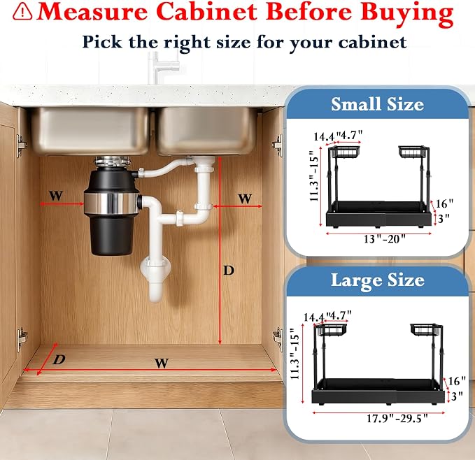 Aisslro Under Sink Organizer, 2 Tier Pull Out Cabinet Organizer, Expandable & Adjustable Slide Out Shelf 13.2''–20.3'', Under Sink Storage for Kitchen Bathroom Laundry Cabinet Storage, Black