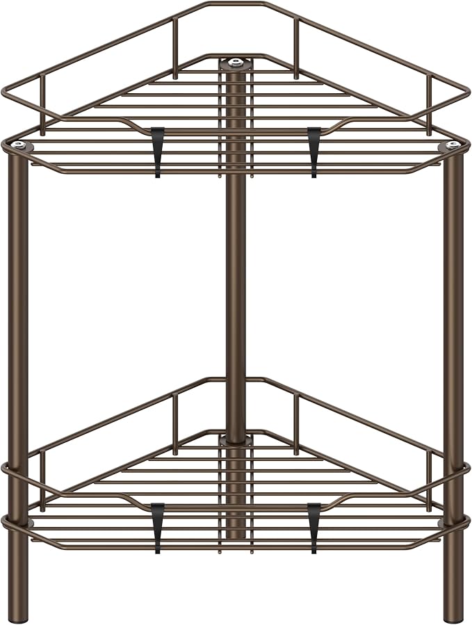 HuggieGems 2 Tier Floor Standing Corner Shower Caddy Organizer Shelf with Hooks, Bathroom Shelves Stand Rack, Bronze