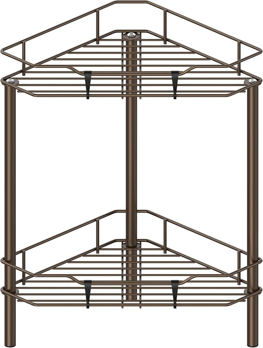 HuggieGems 2 Tier Floor Standing Corner Shower Caddy Organizer Shelf with Hooks, Bathroom Shelves Stand Rack, Bronze