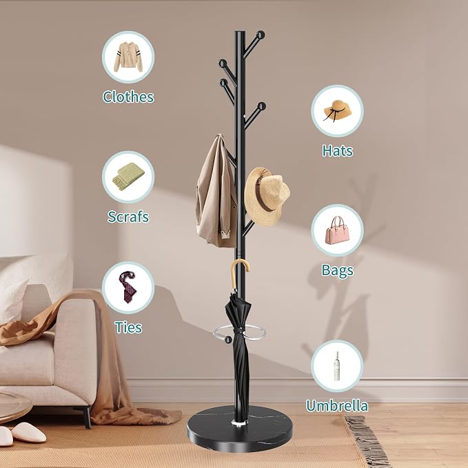 OIRUMIE Coat Rack,Metal Coat Rack Frestanding,Black Coat Stand for Entryway | Coat Rack Stand with Marble Base & Umbrella Holder,Modern Coat Hanger Stand,Coat Clothes Tree Stand for Hallway,Office