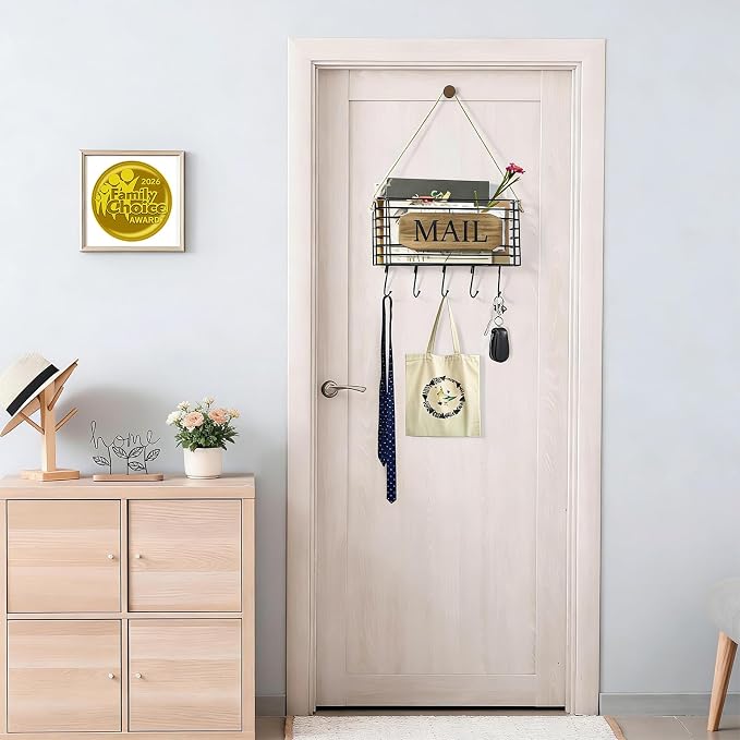 SRIWATANA Mail Organizer Wall Mount, Rustic Mail Holder Key Holder for Wall with Hooks, Small Size, Carbonized Black
