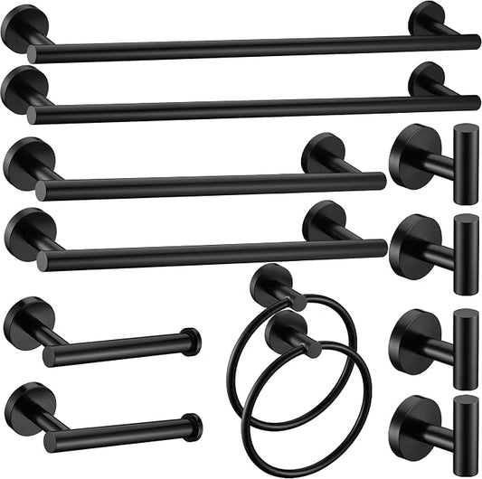 12 Pieces Matte Black Bathroom Hardware Accessories Set Hand Towel Ring 16&23.6 inch Round Towel Bar Toilet Paper Holder Towel Hooks 4 Pieces SUS 304 Stainless Steel,Heavy Duty,Wall Mounted