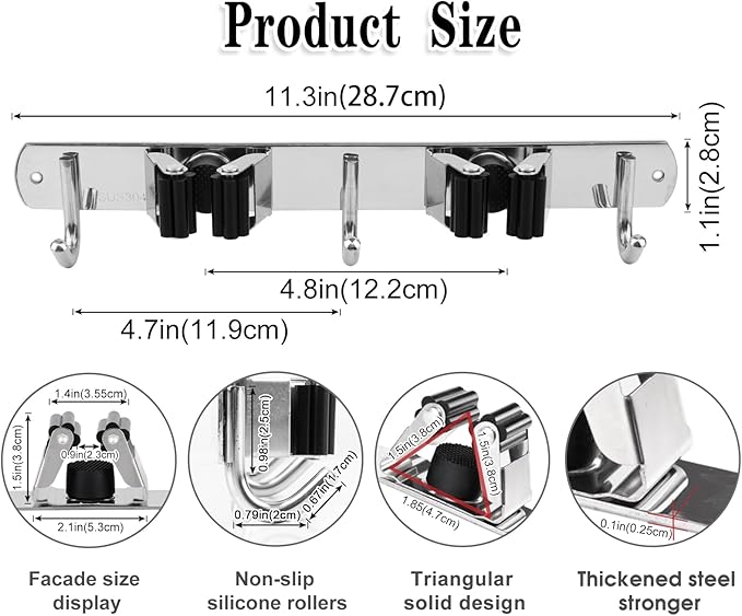 AceMining Broom Holder Wall Mount, 2 Racks 3 Hooks Heavy Duty Mop Organizer | Mop Holder Wall Mount and Broom Hanger for Garage, Laundry Room, Kitchen and Utility Storage