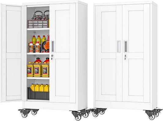 PAOFIN Metal Garage Storage Cabinet with Wheels,Steel File Cabinets with 2 Doors and 3 Adjustable Shelves for Home Office, Warehouse, Required Assembly,White