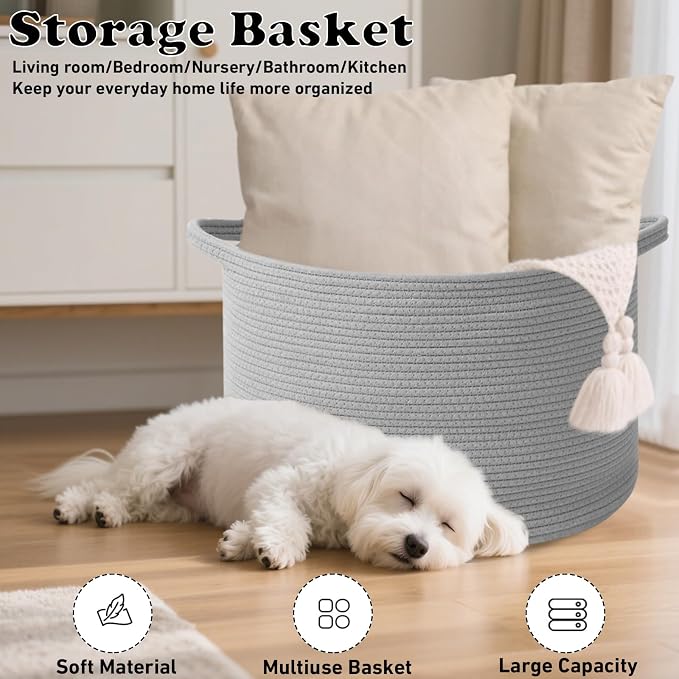 90L Extra Large Blanket Basket,Woven Rope Laundry Basket-Light Grey | Collapsible, reinforced handles, nursery storage bin organizes clothes, toys and pillows for living room, bedroom bathroom