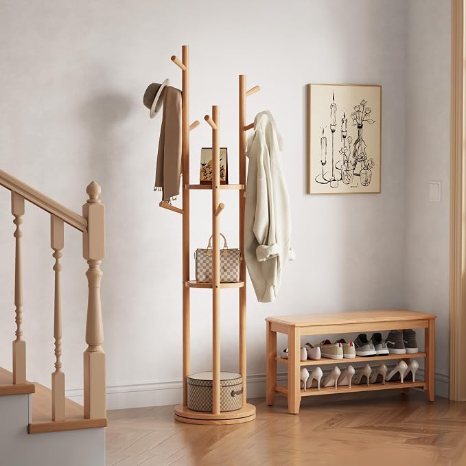 Muwuele Solid Wood Rotary Coat Rack, Freestanding Coat Rack with 3 Shelves and 9 Hooks, Coat tree for Bedroom, Entryway, Livingroom, Coat Hanger Stand for Coats, Scarves, Handbags (Natural)