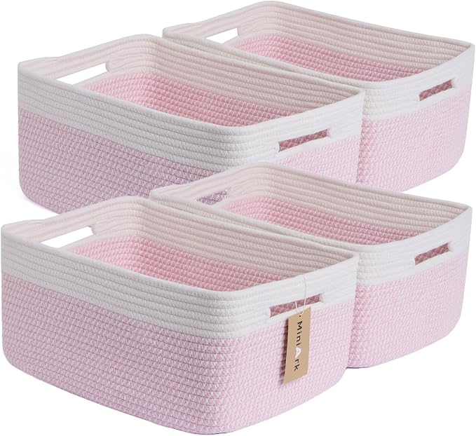 MiniArk Large Storage Baskets for Organizing, 17 x 13 x 7.5” Closet Shelf Baskets for Clothes Blanket Towels, Baby Nursery, Toy Bins Box, Woven Rope Baskets, 4 Packs Woven Pink