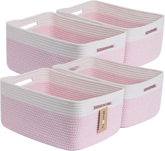 MiniArk Large Storage Baskets for Organizing, 17 x 13 x 7.5” Closet Shelf Baskets for Clothes Blanket Towels, Baby Nursery, Toy Bins Box, Woven Rope Baskets, 4 Packs Woven Pink