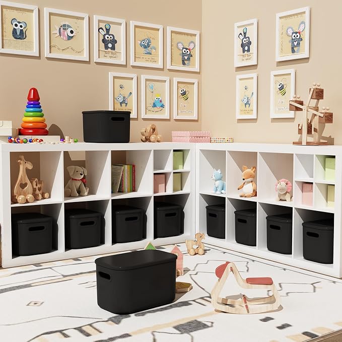 ORGIDOL 8 Pack Black Storage Bins with Lids Stackable Storage Container for Organizing, Black Storage Boxes with Handle for Shelves, Cute Organizer Bins for Craft, Snacks, 9.85x6.9x5.7 inch