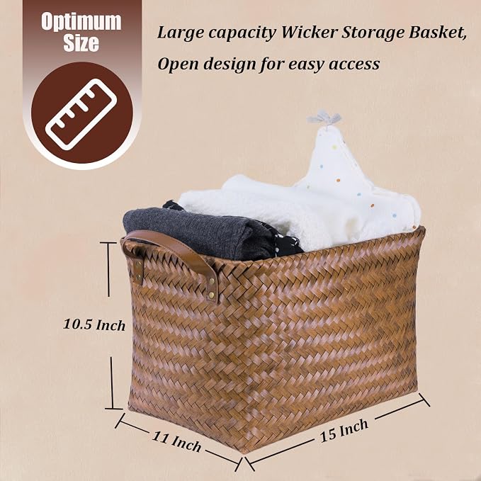 BROWNLILY Handwoven Clothes Basket Laundry Hampers Large Wicker Storage Baskets for Shelves Blankets Closet Storage Bins Car Bedroom Bathroom Organizers and Storage Bath (9, Brown)
